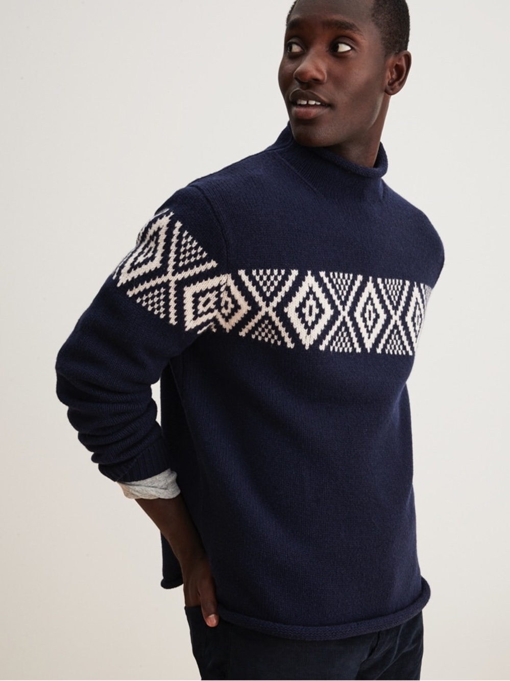 J.Crew Mens 100% Lambs Wool Fair Isle Nordic Ski Sweater Blue White Rolled Hem M